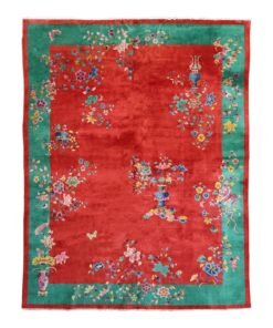 1920s Ruby Red and Emerald Green Floral Vintage Chinese Art Deco Rug 8'10" X 11'04"