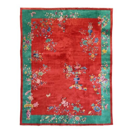 1920s Ruby Red and Emerald Green Floral Vintage Chinese Art Deco Rug 8'10" X 11'04"