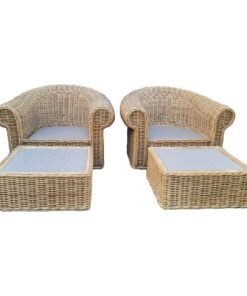 1970s Vintage Mid-Century Modern Grand Scale Pair Rattan Sculptural Barrel Back Rolled Armchairs and Matching Ottomans