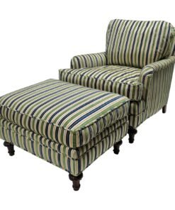1990s English Traditional Down & Feather Blue and Green Striped Club Chair & Ottoman Set -2 Pieces