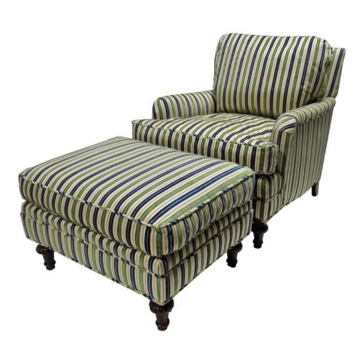 1990s English Traditional Down & Feather Blue and Green Striped Club Chair & Ottoman Set -2 Pieces