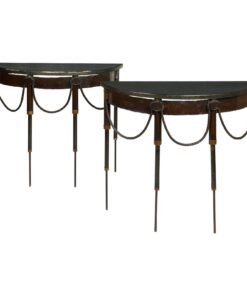 A Pair of Steampunk Iron and Faux Marble Demi-Lune Tables