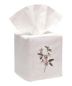 Apple Blossom Tissue Box Cover in White Linen & Cotton, Embroidered