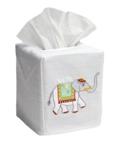 Aqua Elephant Tissue Box Cover in White Linen & Cotton, Embroidered