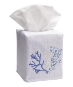 Blue Coral Tissue Box Cover in White Linen & Cotton, Embroidered