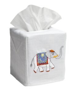 Blue Elephant Tissue Box Cover in White Linen & Cotton, Embroidered