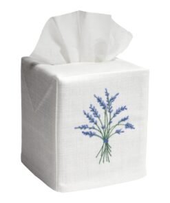 Blue Heather Tissue Box Cover in White Linen / Cotton, Embroidered