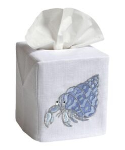 Blue Hermit Crab Tissue Box Cover in White Linen & Cotton, Embroidered