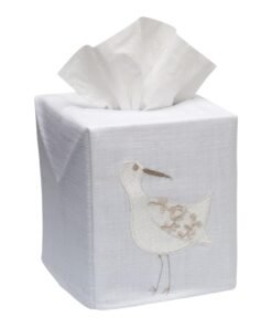 Cream Sand Piper Tissue Box Cover in White Linen & Cotton, Embroidered