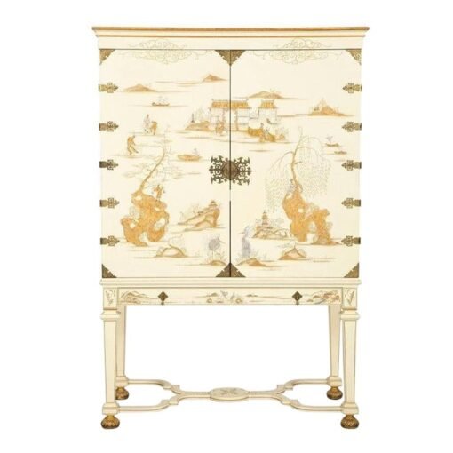 Dessin Fournir White Lacquer Griswold Cabinet With Brass Hardware and Gold Asian Detail - Image 2