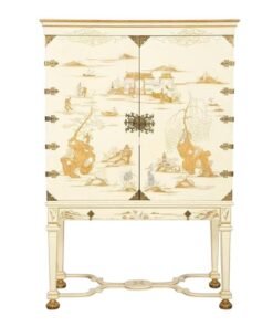Dessin Fournir White Lacquer Griswold Cabinet With Brass Hardware and Gold Asian Detail