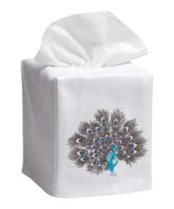 Feathered Peacock Tissue Box Cover in White Linen & Cotton, Embroidered