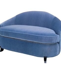Mid 20th Century Vintage Modern Deco Curved Settee Styled After Interior Crafts Newly Upholstered in a Plush "Ice-Blu" Italian Mohair