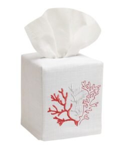 Red Coral Tissue Box Cover White Linen & Cotton, Embroidered