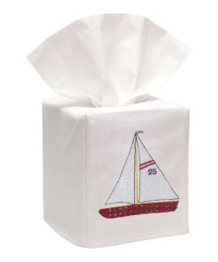 Red Sailboat Tissue Box Cover White Linen & Cotton, Embroidered