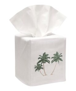 Three Palm Trees Tissue Box Cover in White Linen & Cotton, Embroidered