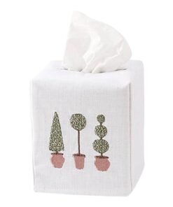Three Tree Topiary Tissue Box Cover White Linen & Cotton, Embroidered