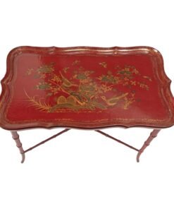 Vintage Red Chinoiserie Tray Top Faux Bamboo Coffee Cocktail Table