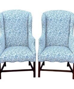 Vintage Slim Wingback Fireside Lounge Chairs in Blue & White Leaf Print - a Pair
